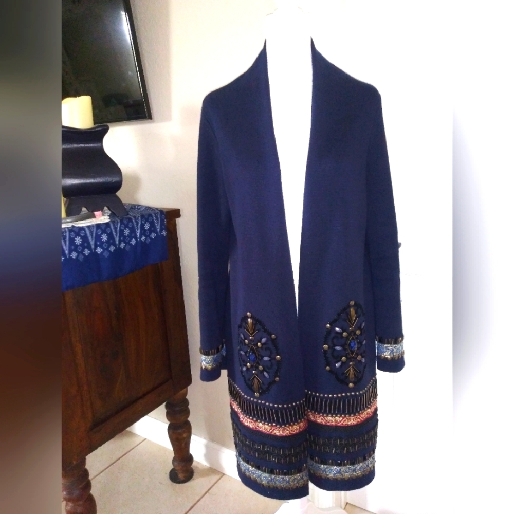 Chico's Navy 100% Cotton Sweater Duster with Embellishments NWOT Size 1